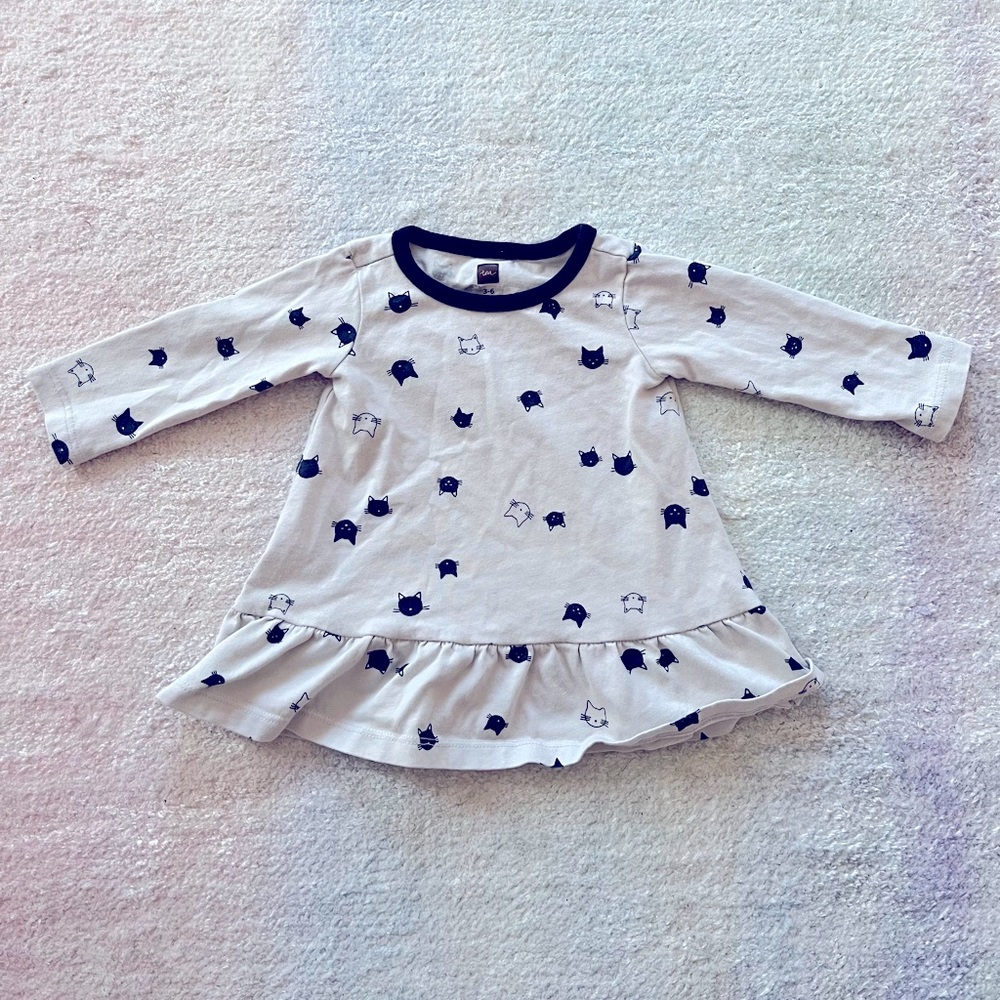 Tea Collection Girls Grey Cat Print Dress - Size 3-6 Months